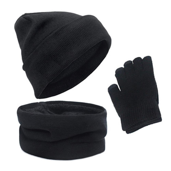 1 sæt/3 stk. Vinterhue, halstørklæde og handskesæt til mænd og kvinder, beanie black