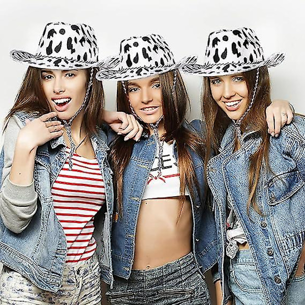 3 stk. Cowboyhatter med kumønster for menn og kvinner, Hvit/Svart - Tema, For Western-tema Wild West Festartikler, Hvit