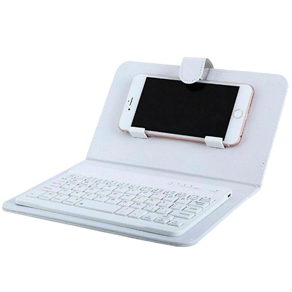 Mini Kannettava Langaton Bluetooth-näppäimistö Nahkakotelolla Älypuhelimelle White