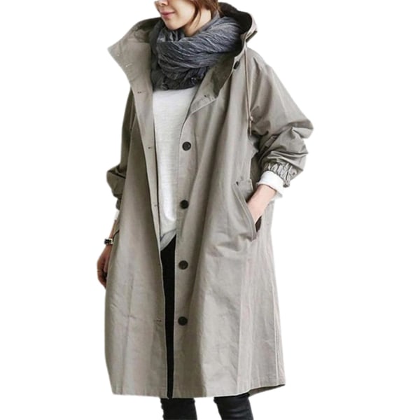 Dam Vindjacka Casual Lös Knappfickor Huva Vindtät Vattentät För Utomhusvandring Light Grey 5XL