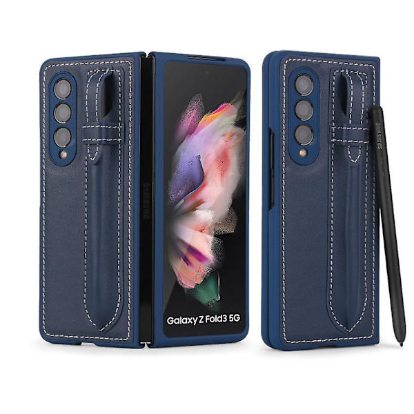 Läder Telefonfodral Kompatibelt med Galaxy Fold 3 5g Med S-pen Hållare Blue