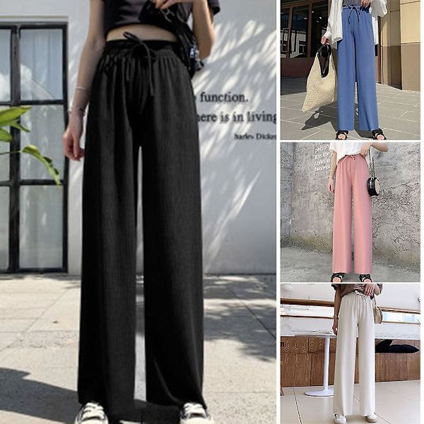 Dame Is Silke Brede Ben Bukser Løse Elastisk Talje Afslappede Sommer Lange Bukser Black XL