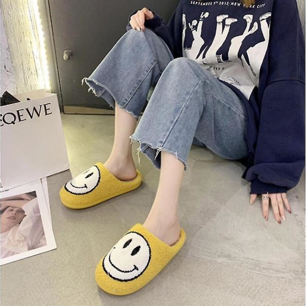 Smiley Face Mjuk Plysch Bekväm Varm Slip-on Tofflor Yellow 41-42