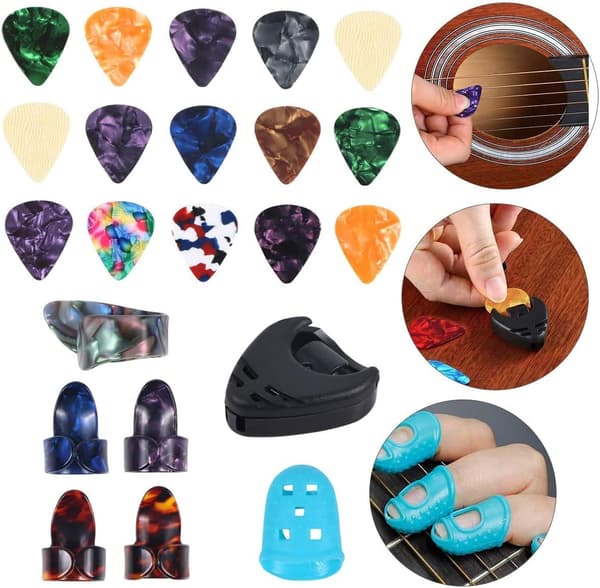 Gitarrtillbehörskit med Capo, 3-i-1 Plektrumverktyg, Plektrum, Fingerskydd, Tumplektrum, Stallpinne för Gitarr (Set 1)