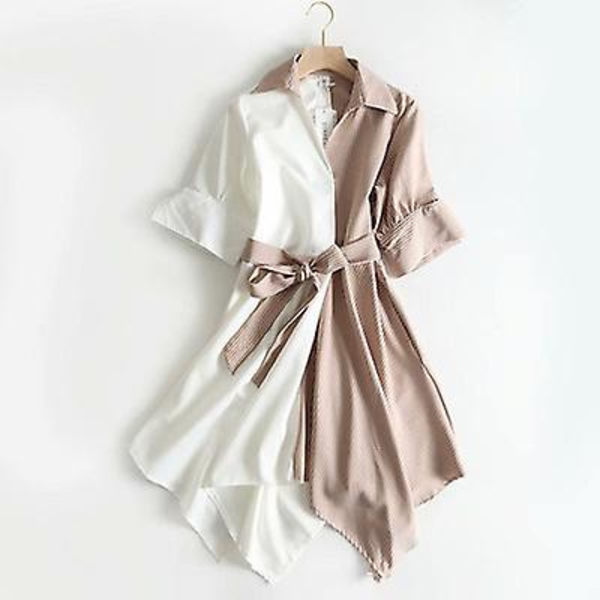 Slim-fit raidallinen väripilkku nauhallinen V-kaula-aukkoinen lyhythihainen mekko Khaki M