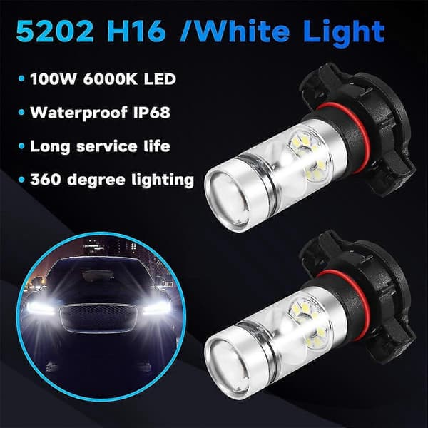 2x 5202 H16 PS24w Høyeffekt 100w 6000k Superhvit Led Tåkepære