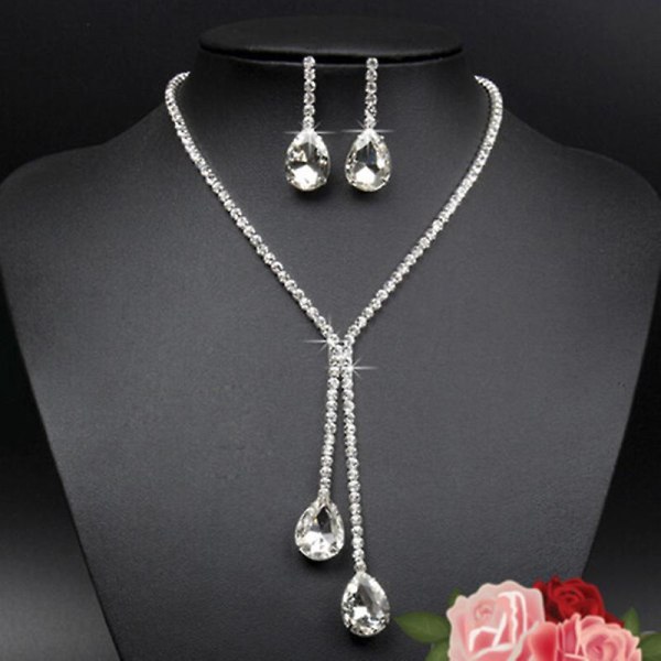 Bride Rhinestone halsband Örhängen Crystal Water Drop Shape Bridal Smycken Set för bröllop