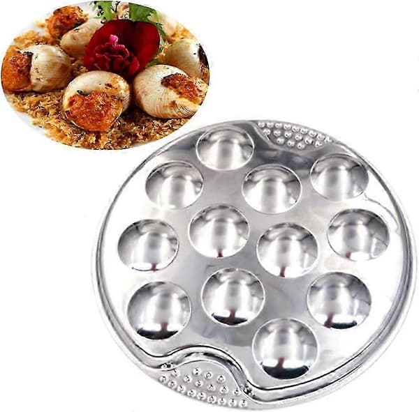 Serveringsfad til escargot i rustfrit stål med 12 rum og tangsæt til madpræsentation
