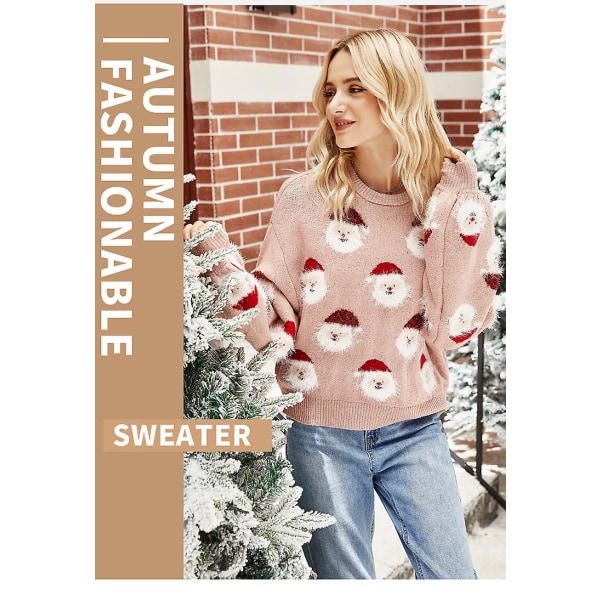Dame Julegenser Santa Hode Mote Print Strikket Genser L