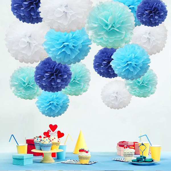 16 st blandade silkespapperspompoms, pom pom blommor handgjorda bröllopsfest dekorationer bollar, babyblå nyans Baby Blue Shade