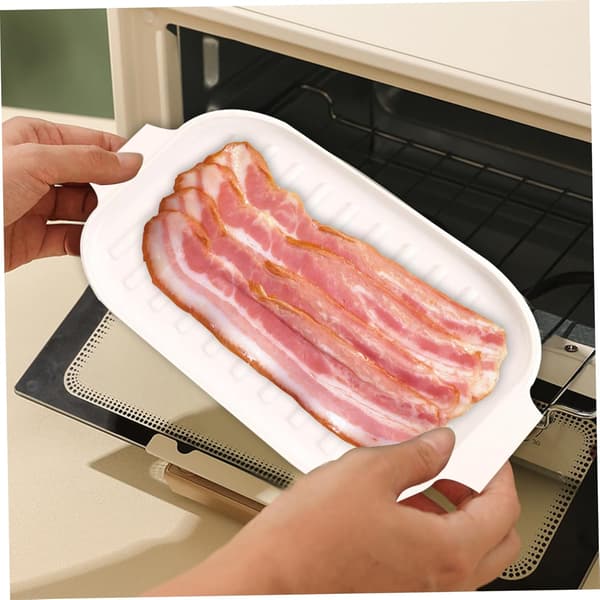 [LCS] Microwave Bacon Tray, 30 x 20 x 0.8 cm Silicone Bacon Pan with Lid and Handle, Crispy Bacon Maker