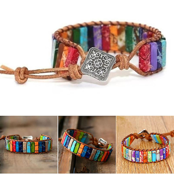 7 Chakra Armband Handgjorda Färgglada Armband Chakra Beads Sten Läder Wrap Armband Smycken Presenter 32 Colored Stone Square Button