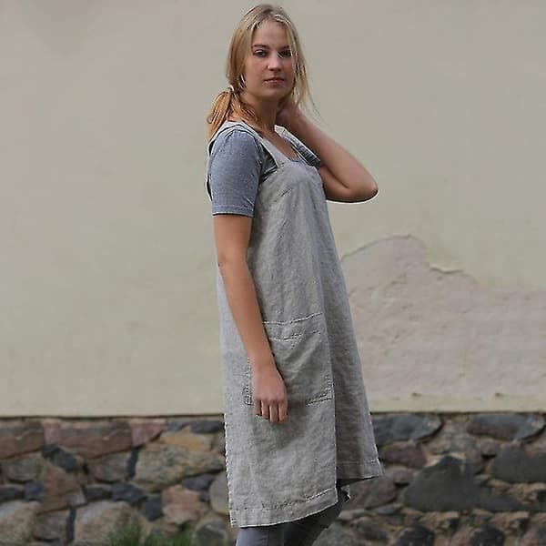 Bomull Lin Forkle Kryss Rygg Forkle For Kvinner Med Lommer Kittelkjole For Baking Matlaging Grey M