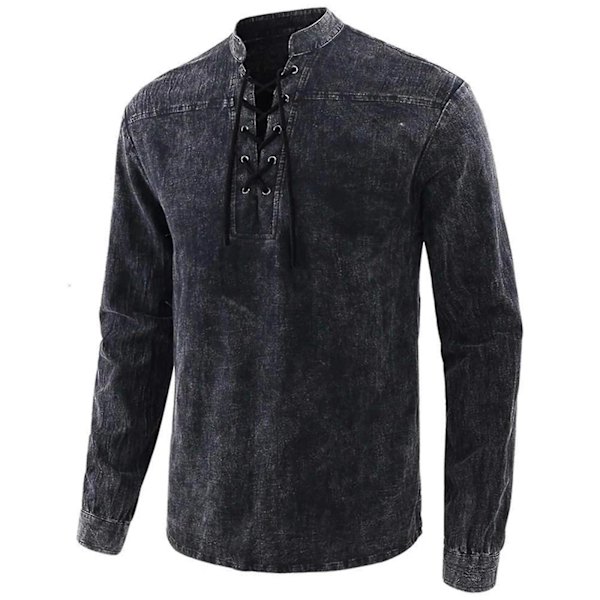 2020 Gotisk Retro T-skjorte for Menn med Snøring, V-hals, Denim, Langermet T-skjorte, Løse Topper for Menn Black M
