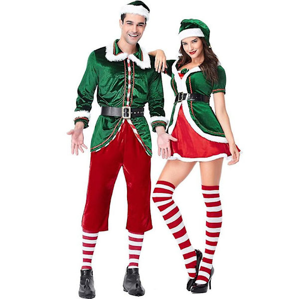Grön Älv Juldräkt Cosplay Par Santa Claus Uniform För Vuxen Man Kvinna Högtid Fancy Jul Party Klänningsset Men XL