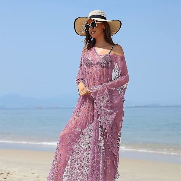 [LCS] Strandöverdrag Boho Spetskimono Plus Size Bikini Robe Baddräkt för kvinnor Solid-MXBC Plum