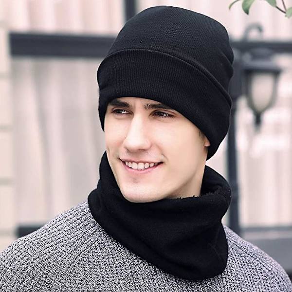 1 sæt/3 stk. Vinterhue, halstørklæde og handskesæt til mænd og kvinder, beanie black