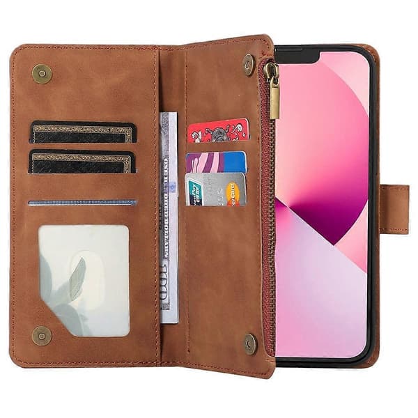 Kompatibelt etui til iPhone 11 Pro med lynlåslomme, læder, 9 kortpladser og håndledsrem Brown