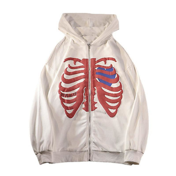 Skelet Zip Up Hættetrøje Til Kvinder Mænd Skelet Jakke Efterår Forår Sweatshirt White XL