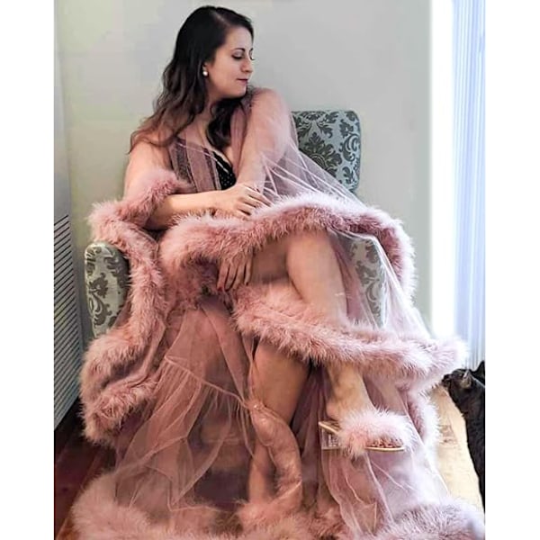 Sexet fjerfrakke lang pels tylfrakke badekåbe natkjole pink