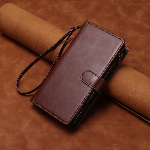 Kompatibelt med iPhone 15 plånboksfodral premium blixtlås stort utrymme flip PU-läderfodral Brown