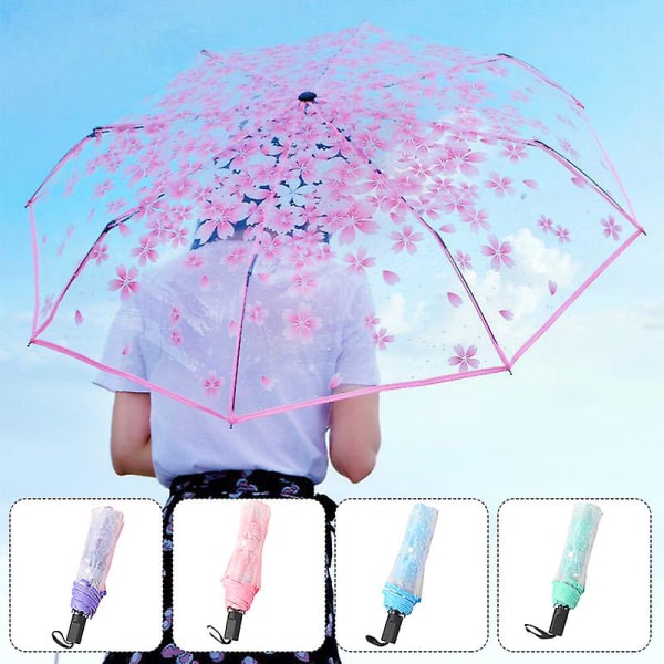 Floral Print Paraply Folding Paraply Reseparaply Vindtätt Paraply Cover Foldable Light Cherry Blossom Purple Automatic