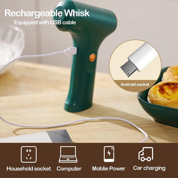 [LCS] Electric Hand Whisk, USB Rechargeable, Egg Beater with 2 Detachable Whisks with 3 Speed Modes Green