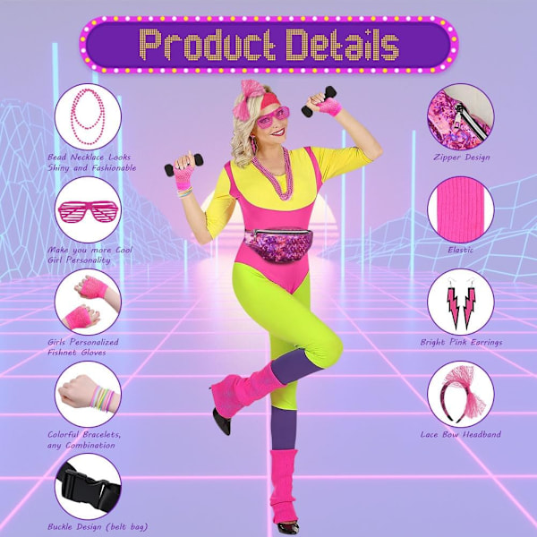 80'er Neon Party Tøj Kostume Tilbehørssæt, 1980'er Retro Tema Party Dekoration Outfit til Kvinder Piger Med Taske - Roserød With bag - Rose Red One size