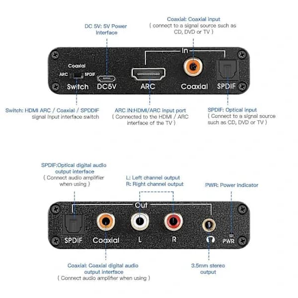 [LCS]Audio Extractor 192KHz DAC-konverter ARC Audio Extractor Understøtter Digital HDMI-kompatibel Audio til En sort