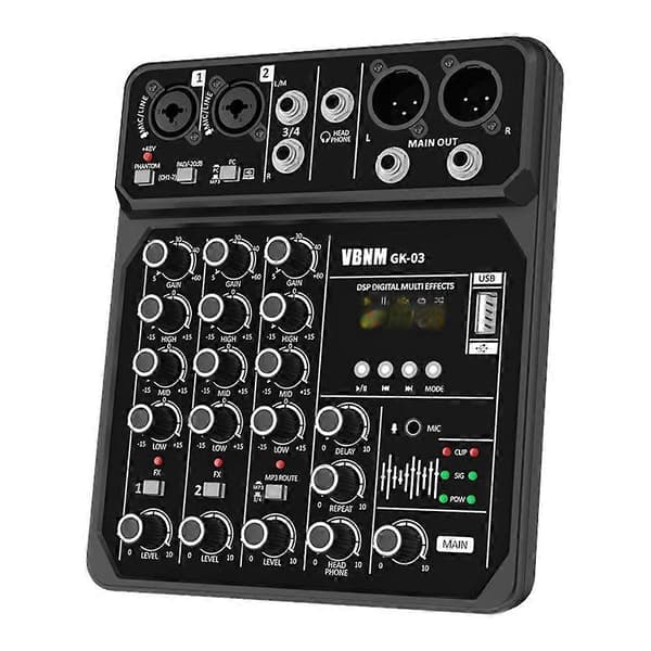 4-kanals lydmixer USB Studio Sound Mixer Bluetooth DJ-konsolblanding 48V Phantom Power USB/MP3-afspiller til Karaoke Black