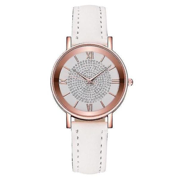 Stjerneklar Himmel Urskive Mode Romersk Indeks Rhinestone Læder Dame Quartz Ur White Color