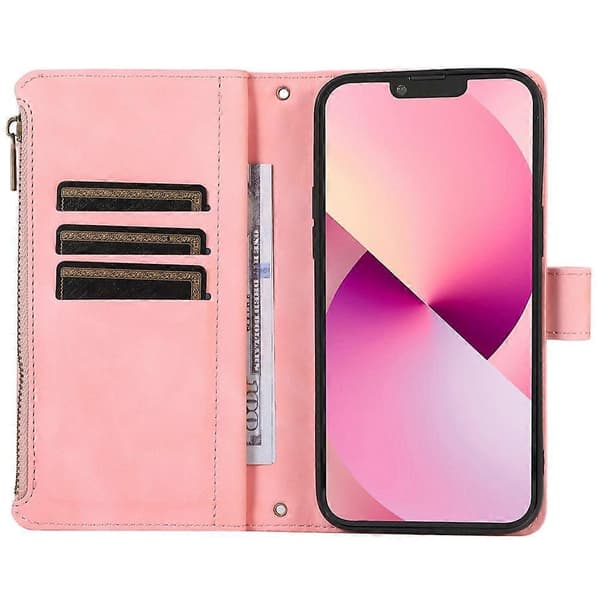 Kompatibelt etui til iPhone 11 Pro med lynlåslomme, læder, 9 kortpladser og håndledsrem PinkGold