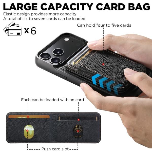 [LCS]iPhone 17 Case - Cross Grain Leather with MagSafe and Detachable Wallet Svart