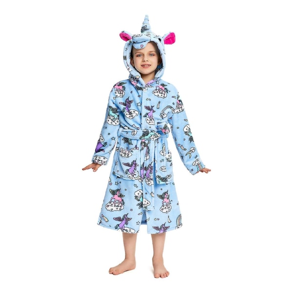 Reedca Flickor Enhörning Morgonrock Mjuk Badrock med Huvtröja Sovkläder Loungewear Presenter Till Flickor Småbarn Barn Blå Tecknad 3-4 Years