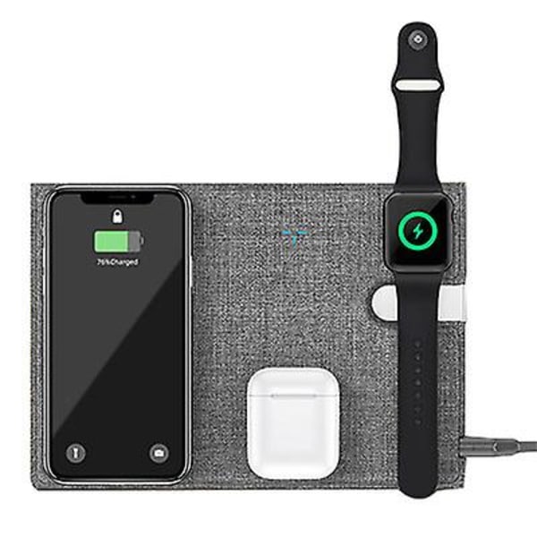3-i-1 Bærbar Trådløs Lader i Lær som Kan Foldes Sammen for iPhone + iW gray