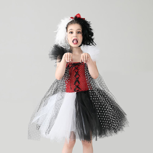 Cruella De Vil Girls' With Headdress Halloween Balett Tutu Polka Dot Party Dress M