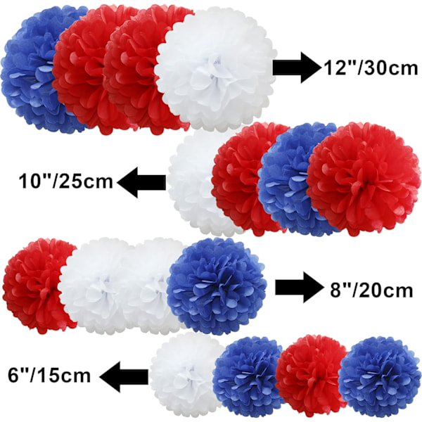 16 stk. assorterte silkepapir-pompomer, pompom-blomster håndlaget bryllupsfestdekorasjoner baller, rød fargetone Red Shade