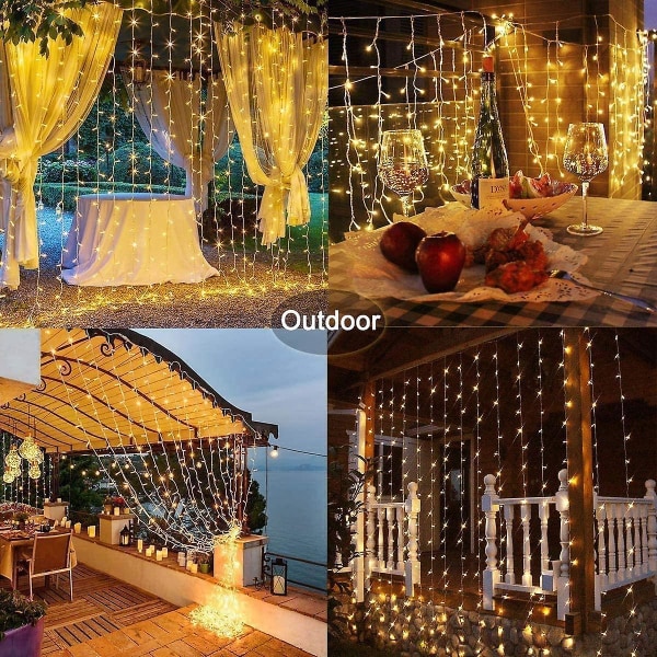 Gardinlampe Strømforsyning, 3m X 3m 300 Led Julelys Fairy Lyslenke Med 8 Moduser Fjernkontroll Innendørs Og Utendørs Julepaviljong Vinduer Bryllup