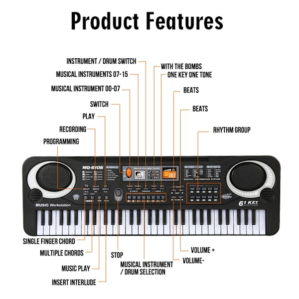 61 Tangenter Elektronisk Orgel Digitalt Piano Keyboard med Mikrofon Barnemusikkleke for Barn - WELLNGS