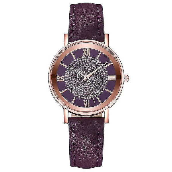 Stjärnklar Himmel Urtavla Mode Romerskt Index Strass Läder Dam Quartz Klocka Purple Color