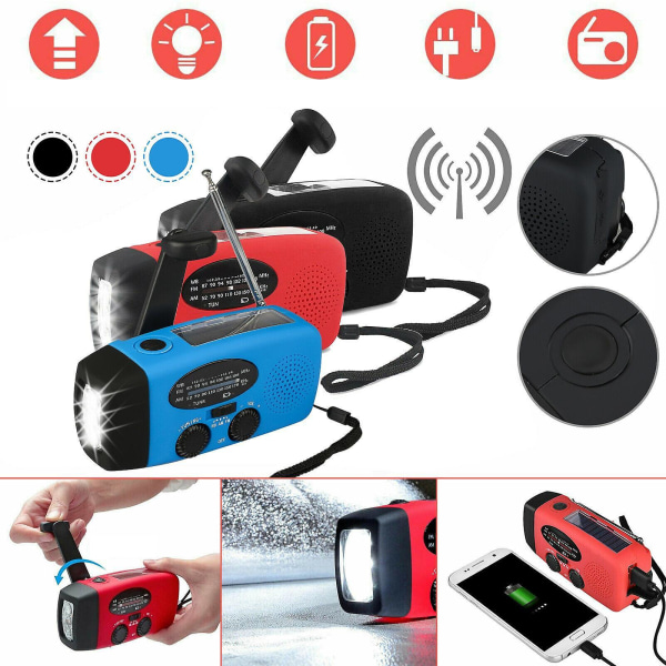 Solar Emergency Fm Am Radio Ficklampa Power Bank Red