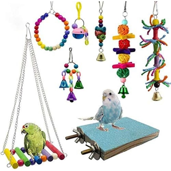 8-pack fågelgunga tuggleksaker - papegojgunga med klockor lämplig för små parakiter, nymfparakiter, conures, finkar, undulater, aror, papegojor, dvärgpapegojor