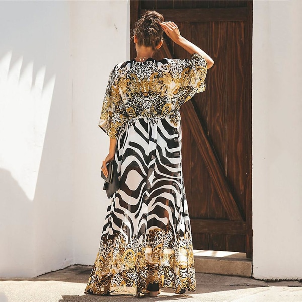 Chiffong Sommar Bikini Cover Up Solskydd Leopardmönster Lång Strand