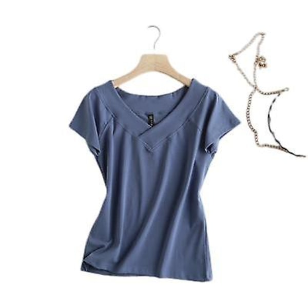 Smal och tunn V-ringad kort enfärgad kortärmad t-shirt dark blue S