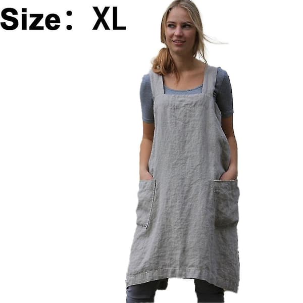 Bomull Lin Forkle Kryss Rygg Forkle For Kvinner Med Lommer Kittelkjole For Baking Matlaging Grey XL