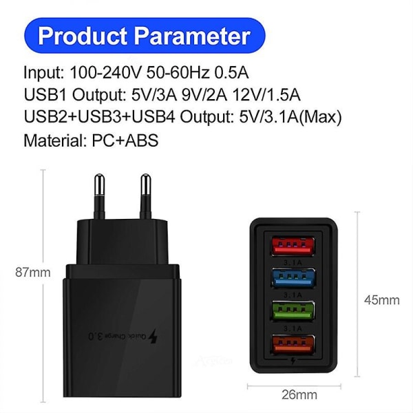 3.1a 4-port USB Veggplugg Strømadapter Vegglader Kompatibel Med Iphone/Android Hurtiglading Cube Brick Box Base Head