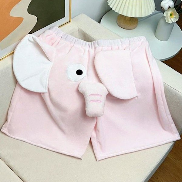 Pyjamasshorts 3D Ører Snabel Tegneserie Dejlig Elefant Løse Afslappede Plys Nattøj Sommer Mænd Kvinder Shorts Bukser Hjemmetøj qd bedst Pink L Pink