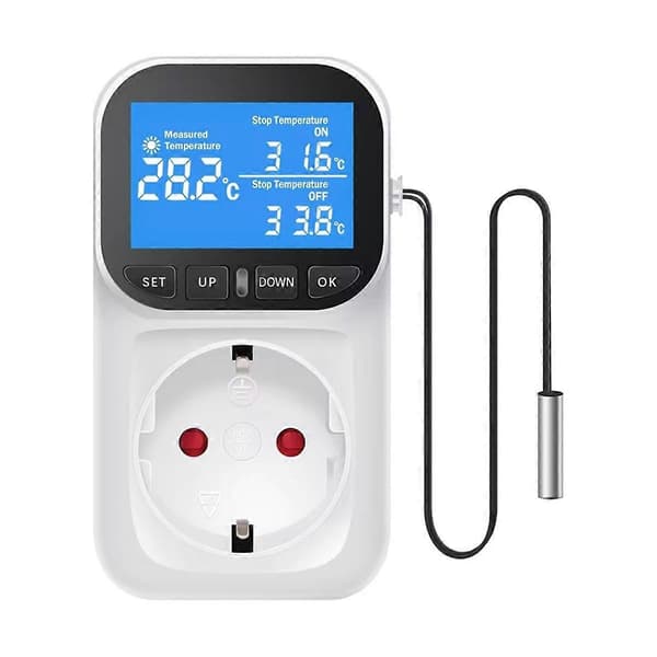 Digital Temperaturregulator Stikkontakt Termostat med Tidsensor Probe Varme Køling Switch 16A EU Stik White