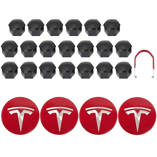 Tesla Model 3 Y S X Hjulkapselkit Centerkapsel Nav Mutter Skydd Svart Röd Vit Grå Med 4 Centerkapslar 20 Mutter Skydd Red Silver Bright