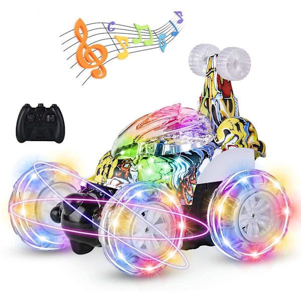 Oppladbar fjernstyrt bil, rc stuntbil uovervinnelig 360° rullende twister med fargerike lys og musikkbryter gave til barn Blue